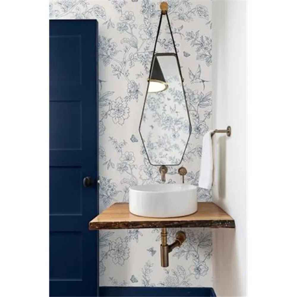 Cream White and Blue Floral Wallpaper Peel and Stick Wallpaper 17.7